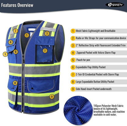 JKSafety 9 Pockets Class 2 High Visibility Zipper Front Safety Vest With Reflective Strips,Meets ANSI/ISEA Standard (Large, 150-Yellow) - Colors A