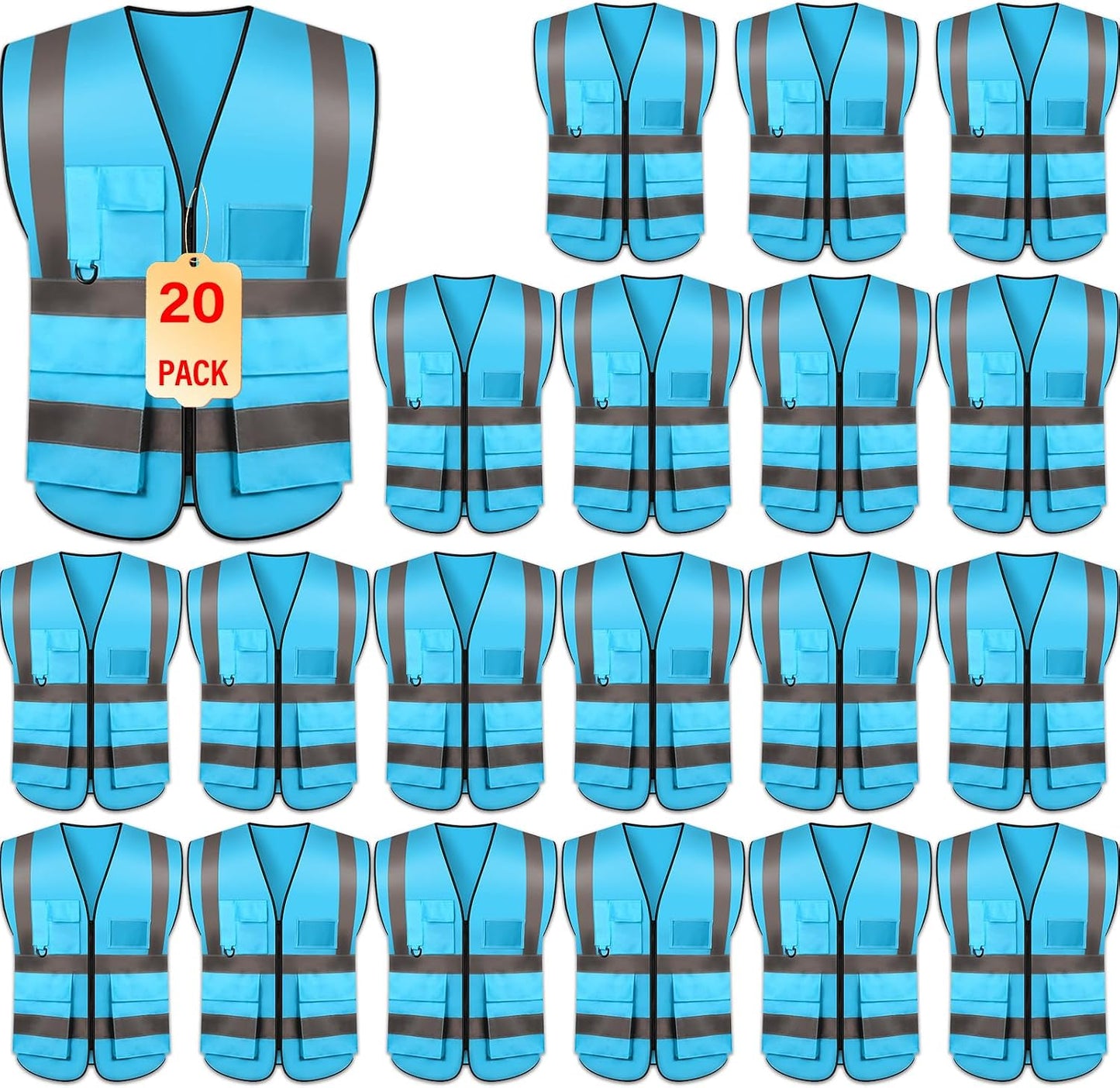 Safety Vests 20 Pack,Hi Vis Construction Vest with 5 Pockets and Zipper,Reflective Vest for Men Women Work One Size