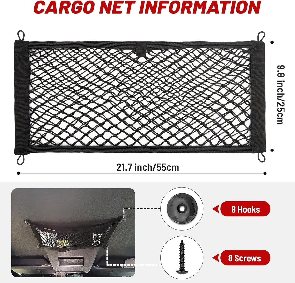 RED WOLF 2 Pcs Universal Cargo Net Pocket Elastic Mesh Netting Car Mesh Pouch for Trunk RV Boats Home Cargo Storage Mesh with Screws and Hooks (25.6'' x 9.8'')