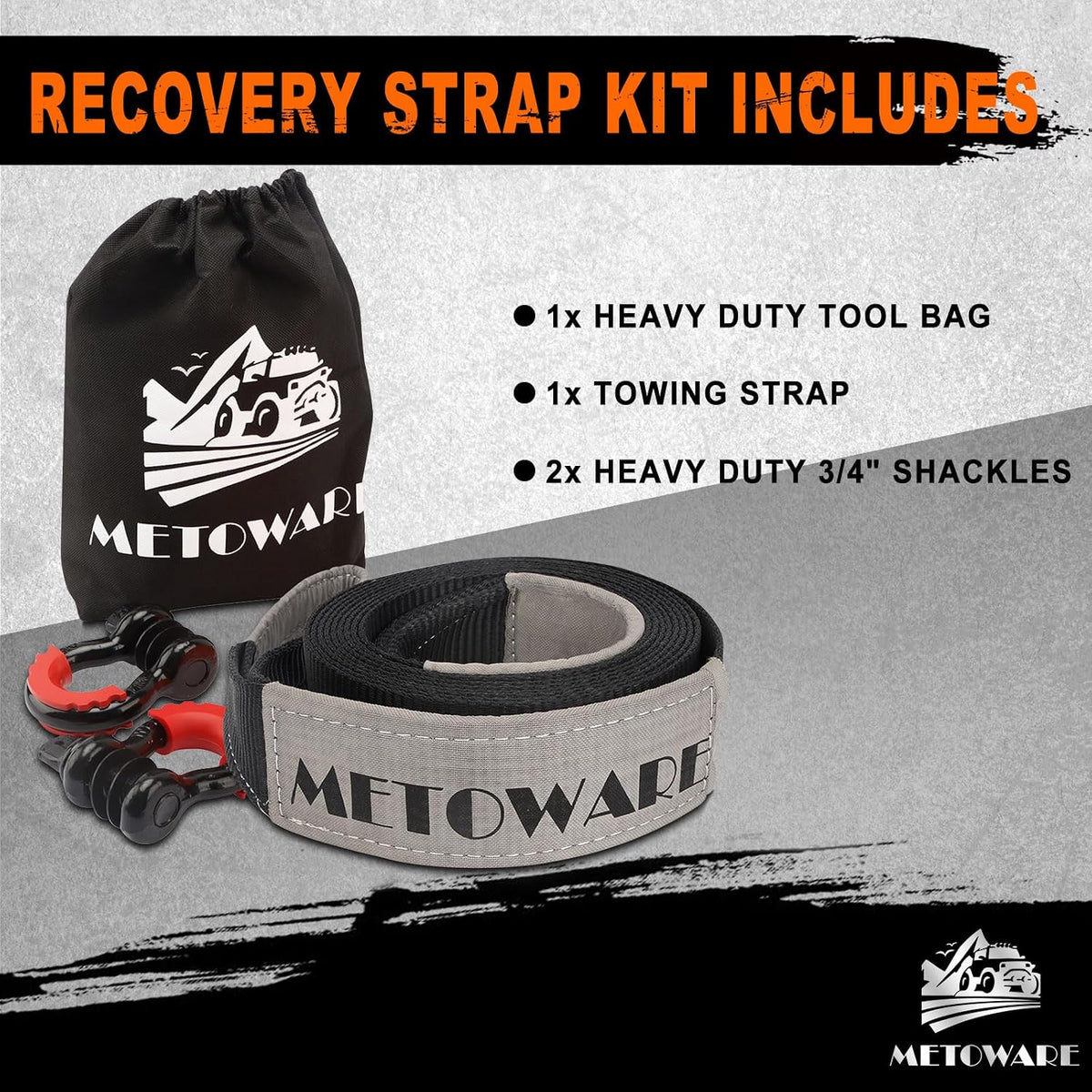 METOWARE Recovery Tow Strap Kit 3" x 20ft, Heavy Duty Recovery Strap 35,000lbs Break Strength with 3/4" D Ring Shackles(2pcs) & Storage Bag, Emergency Off Road Towing Rope for SUV, UTV, ATV, Truck