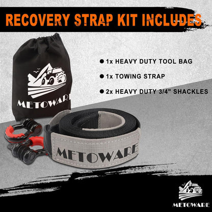 METOWARE Recovery Tow Strap Kit 3" x 20ft, Heavy Duty Recovery Strap 35,000lbs Break Strength with 3/4" D Ring Shackles(2pcs) & Storage Bag, Emergency Off Road Towing Rope for SUV, UTV, ATV, Truck