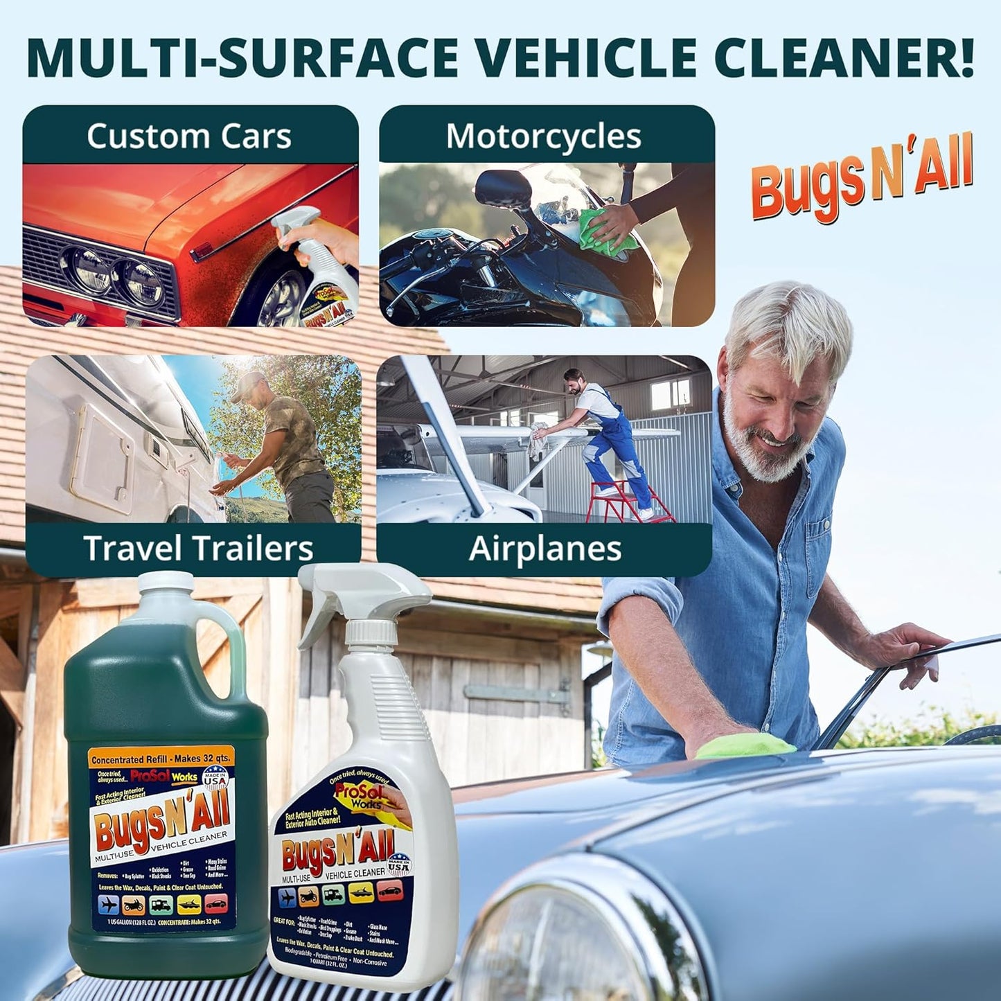 Bugs N’ All Multipurpose Car Cleaner & Degreaser - Bug & Tar Remover Concentrate 4 oz - Exterior Cleaner Safe for Car Paint, Metal, Chrome, Aluminum, Windows & Mirrors - w/Free 32 oz Spray Bottle