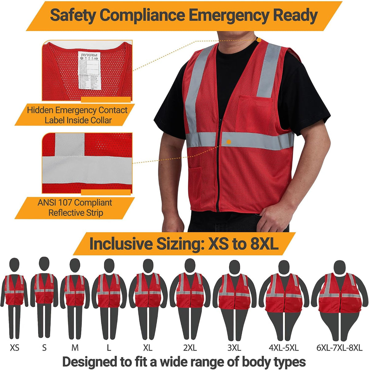 AYKRM 2 Pocket Mesh High Visibility Reflective Safety Vest for men & Women ANSI/ISEA 107 Standards