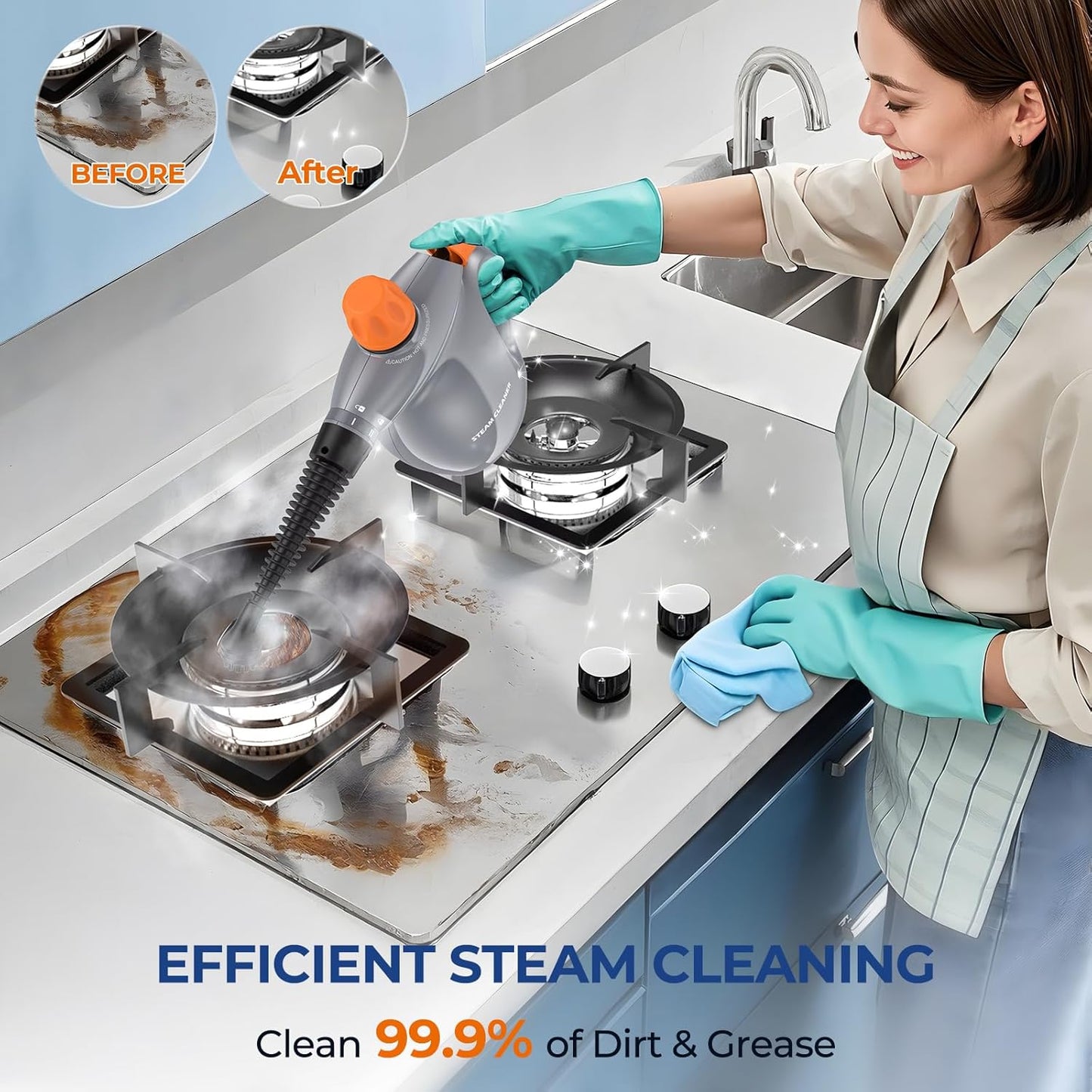 Steam Cleaner, Pressurized Handheld 13pcs Multi-Purpose Natural Deep Cleaning Steamer, Portable Steamer for Cleaning Home, Grout, Kitchen, Car, Window, Upholstery, Bathroom and Clothes, White