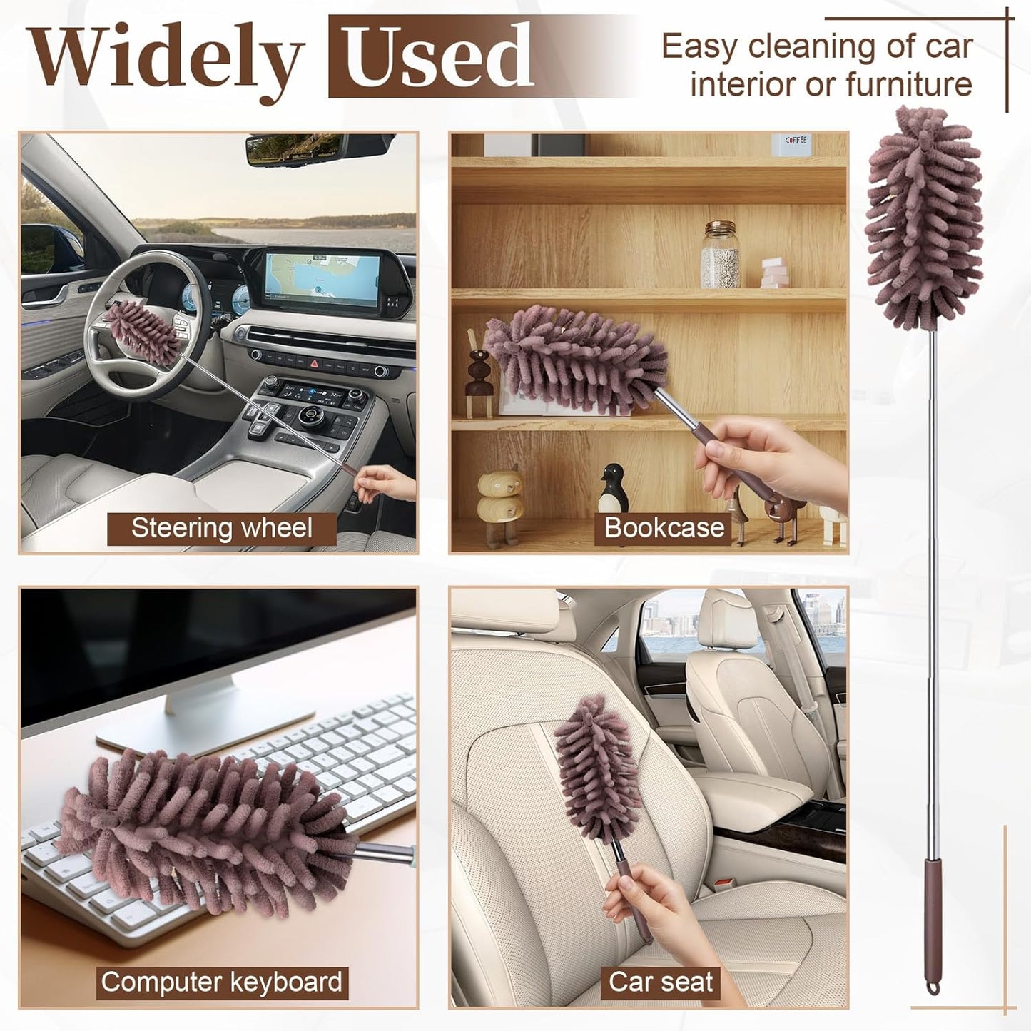 2 PCS Car Interior Duster with Extension Pole, Microfiber Car Duster with Bendable Head, Car Accessories Dusters Exterior&Interior Scratch Free, for Cleaning of Vehicle Details, Offices, Windows(Pink)