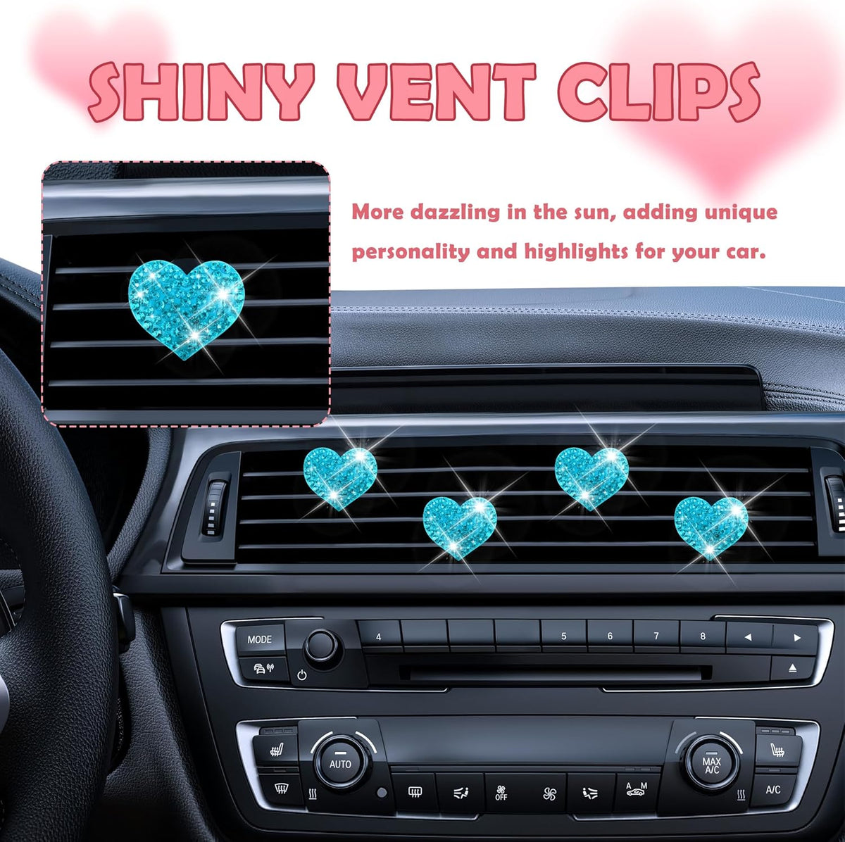 4PCS Heart-Shaped Car Vent Clips with Rhinestone,Bling Air Vent Clips Car Decorations,Premium Shiny Car Clips for Vents CCar Accessories Interior for Cars,Trucks,SUVs (Pink)