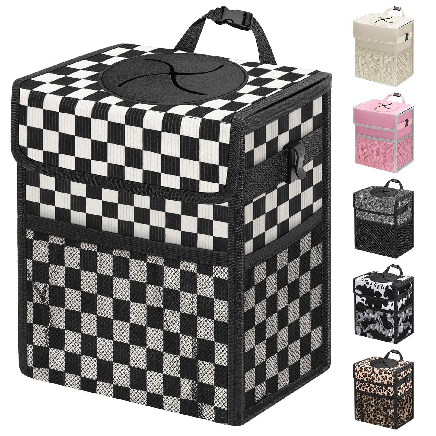 Capolo Car Trash Can with Lid, Leakproof Car Trash Bag Hanging Waterproof Automotive Garbage Can with Storage Pockets Mini Vehicle Trash Bin for Back/Front Seat(Black,2.5 Gallon)
