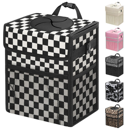 Capolo Car Trash Can with Lid, Leakproof Car Trash Bag Hanging Waterproof Automotive Garbage Can with Storage Pockets Mini Vehicle Trash Bin for Back/Front Seat(Black,2.5 Gallon)