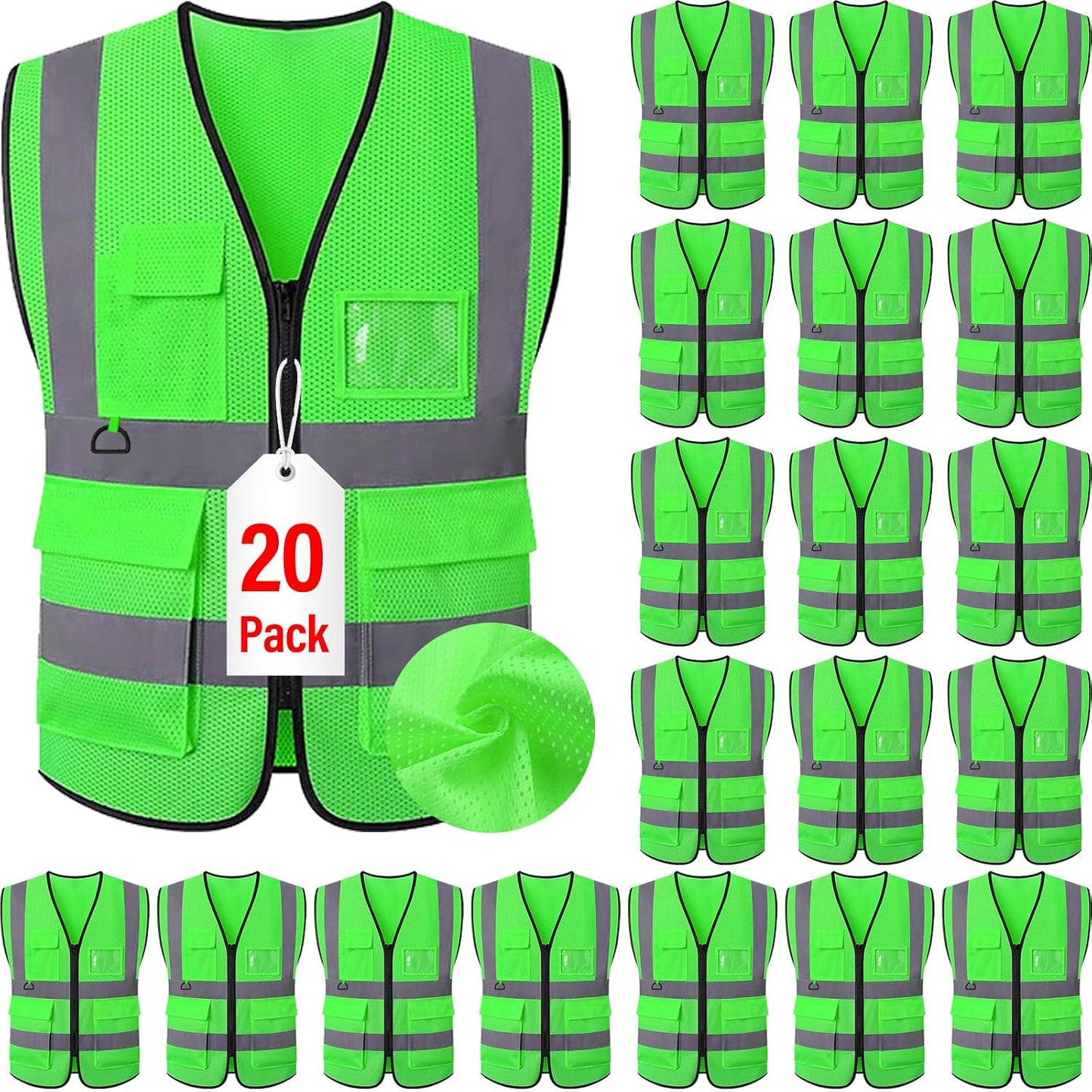Reflective Mesh Safety Vest, Breathable Hi Vis Vest Construction Work with 5 Pockets and Zipper for Men Women