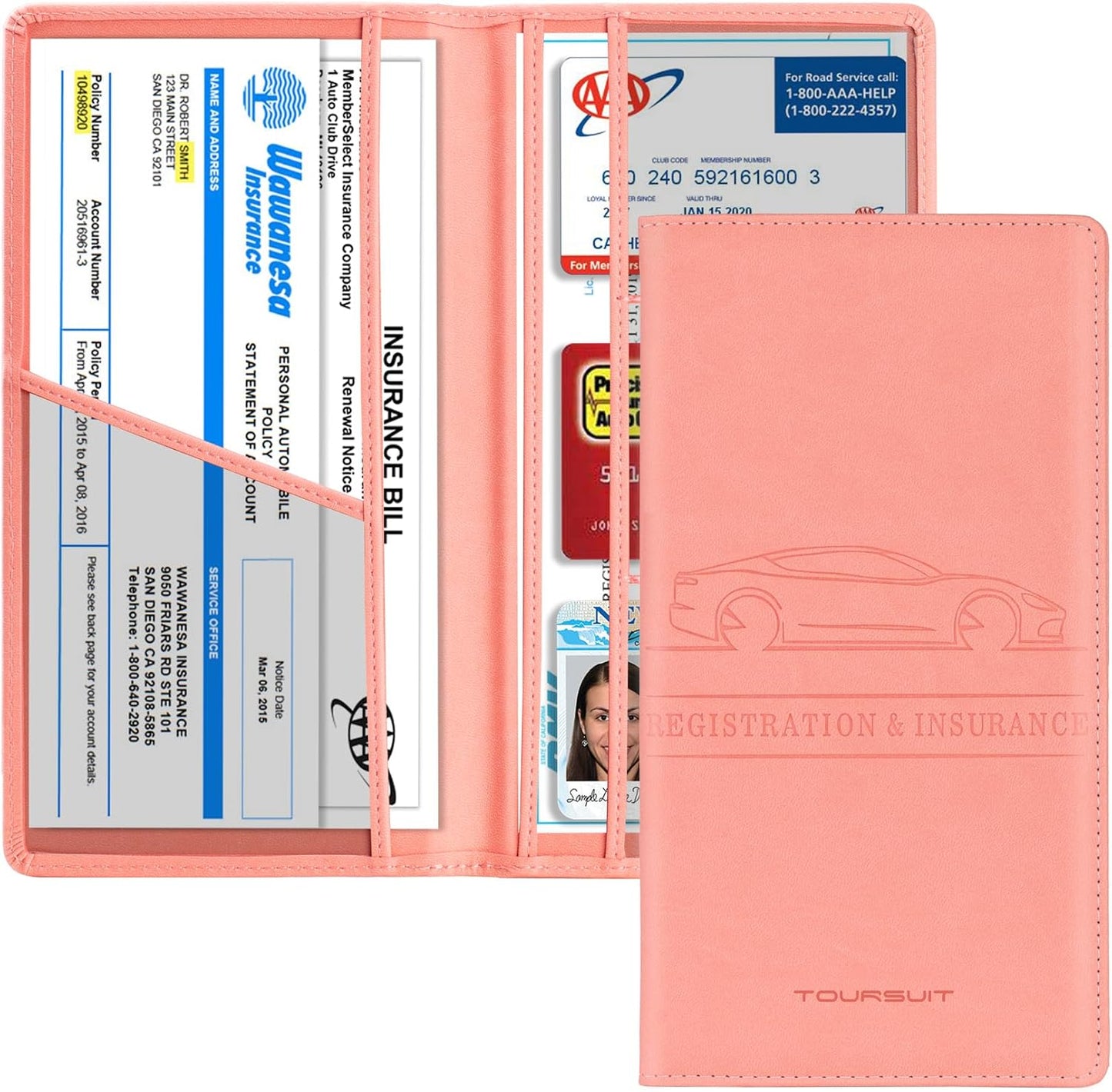 TOURSUIT Car Registration and Insurance Card Holder, Vehicle License Document Glove Box Compartment Organizer, Essential Car Wallet Case for Driver Auto Owners (Carbon Blue)