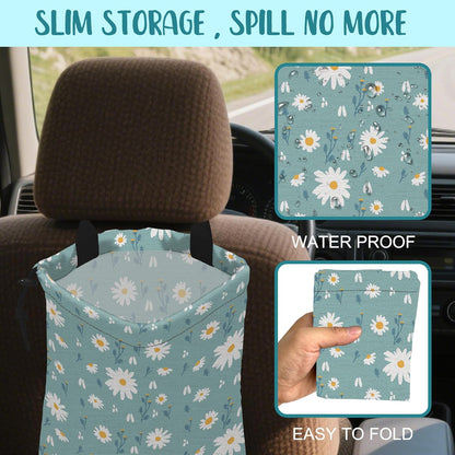Car Garbage Bag Colorful Floral Spring Daisy Drawstring Car Trash Bag Hanging for Back Seat with Adjustable Buckle Canvas Vehicle Trash Can Easy-to-Install