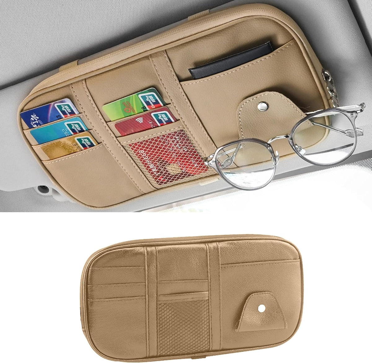 Car Sun Visor Organizer, Multi-Pocket PU Leather Sunglass Holder and Storage Pocket with Net Zipper, Card Sleeve Pocket Organizer, Auto Interior Accessories for Vehicle, Truck, SUV (Gray)