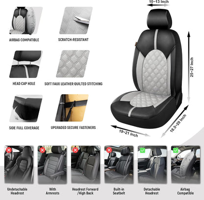 CAROMOP Luxury PU Leather Car Seat Covers Full Set-Waterproof Seat Protectors with Split Bench Seat Covers for Cars-Universal Cars Interior Covers for Sedans, SUVs, Pick-up Trucks(Gray/Gray Line)