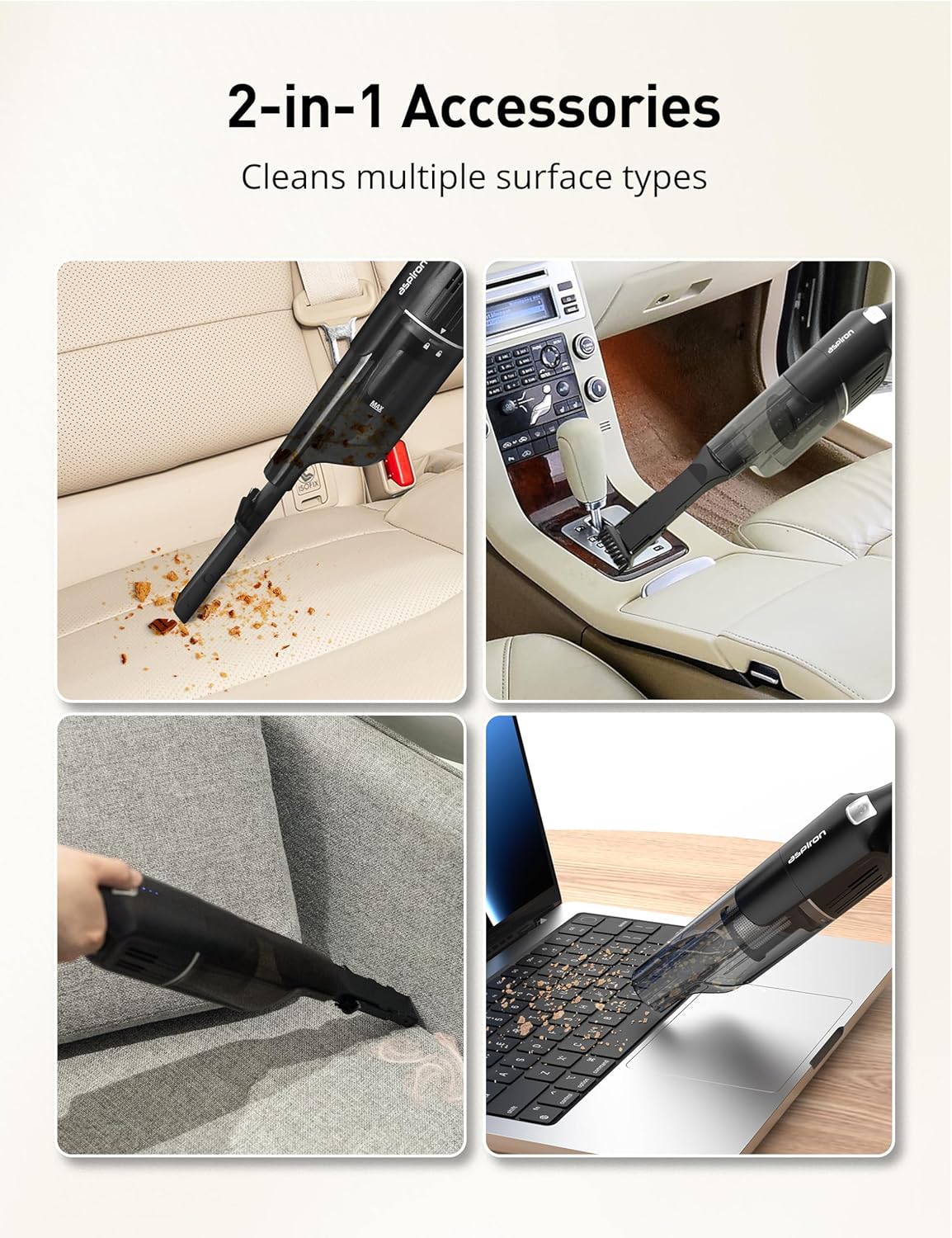 Aspiron Cordless Handheld Vacuum, 24KPA Powerful Car Vacuum, 2-Speed, 2 Charging Methods, Wireless Charger, Ergonomic Handle, Portable Rechargeable Vacuum Cleaner for Car, Home, Jet Black
