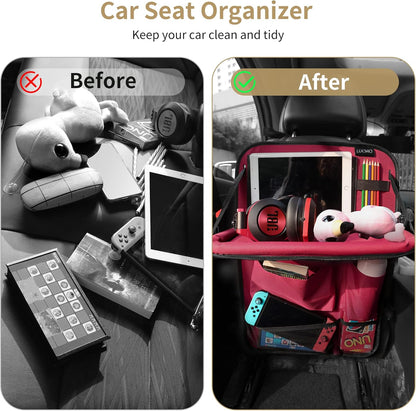 LUCMO Car Backseat Organizer with Tablet Holder,6 Storage Pockets Car Storage Organizer with Foldable Food Tray,Protectors Kick Mats Travel Accessories-Black