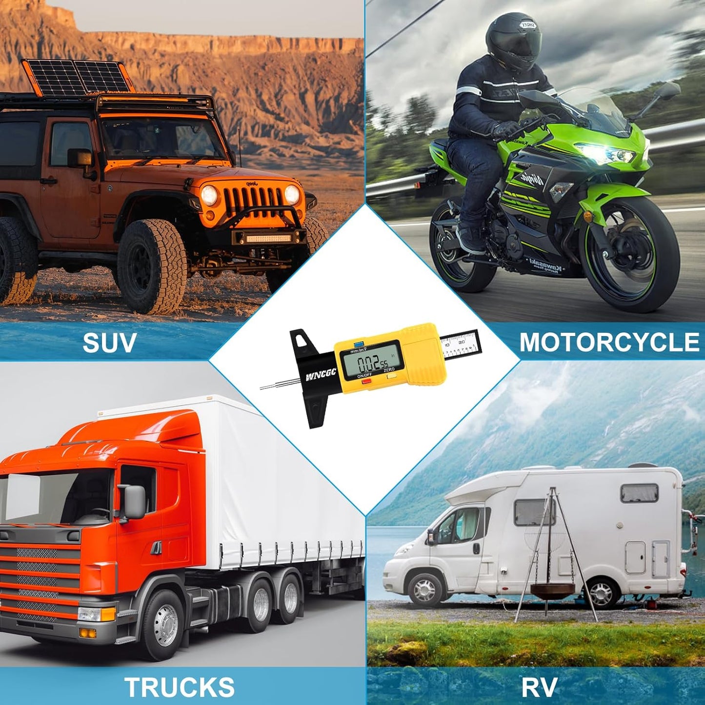 Tire Tread Depth Gauge, 3 Modes Digital Tire Depth Gauge-Fractional Inch, Decimal Inch and Millimeter for Motorcycles, Cars, Trucks, Vans, SUV - Yellow