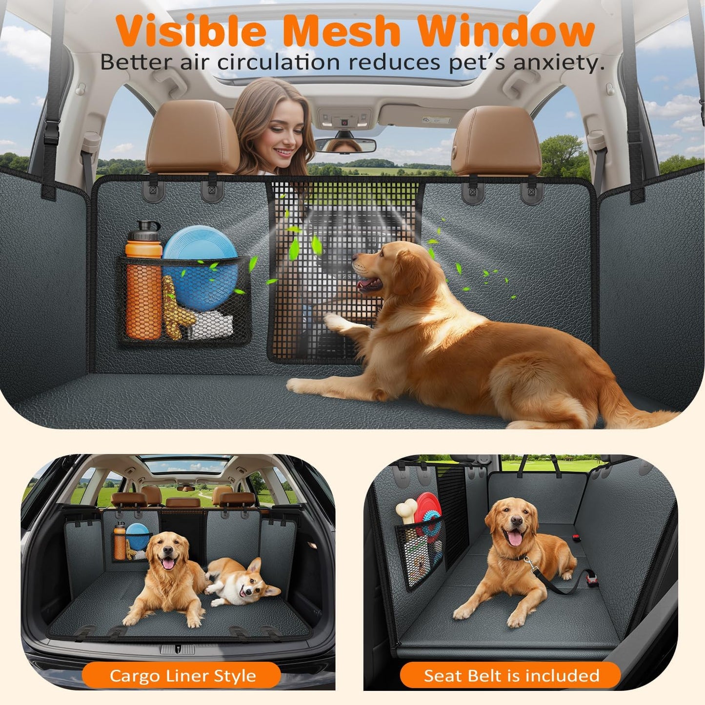 URPOWER Backseat Extender for Dogs - Hard Bottom Dog Car Seat Cover for Back Seat, Dog Hammock for Car and SUV, Pet Rear Seat Protector Dogs Travel Bed with Mesh Window