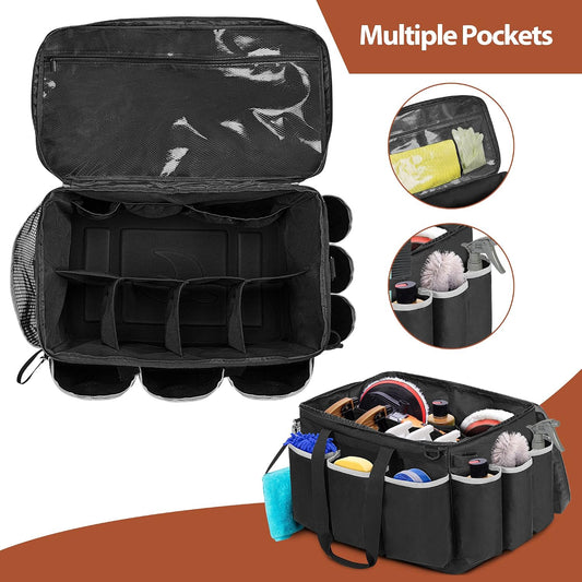 HODRANT Extra-Large Detailing Bag with Waterproof EVA Hard Bottom, Auto Detail Supplies Organizer for Polisher, Bottles & Detailing Kit, Car Care Tools Tote with Lid & Shoulder Strap, Patent Design