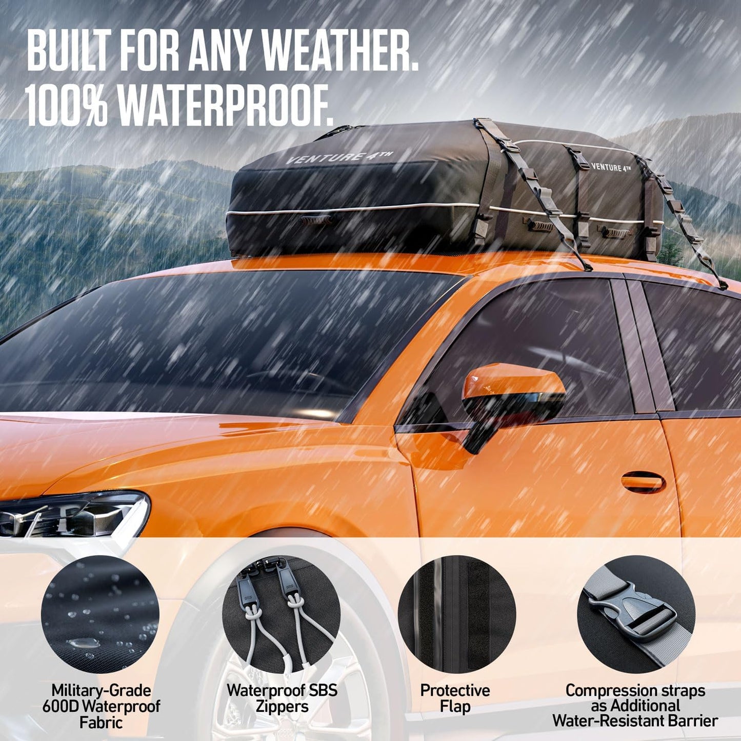 VENTURE 4TH Car Rooftop Cargo Carrier – 21 Cubic Feet Soft-Shell Waterproof Roof Bag with 10 Heavy-Duty Compression & Tie-Down Straps, Anti-Slip Mat & Door Hooks – Fits Cars with or Without Roof Rack