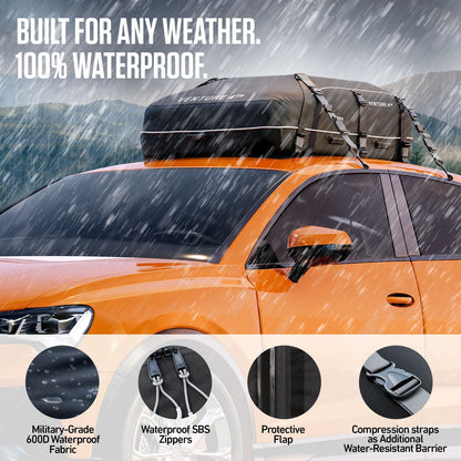 VENTURE 4TH Car Rooftop Cargo Carrier – 21 Cubic Feet Soft-Shell Waterproof Roof Bag with 10 Heavy-Duty Compression & Tie-Down Straps, Anti-Slip Mat & Door Hooks – Fits Cars with or Without Roof Rack