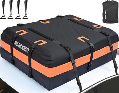 MARCHWAY Waterproof Car Roof Luggage Bag, Weatherproof Soft Shell Rooftop Cargo Carrier Bag for Vehicles with or Without Rack. 6 Door Hooks, Anti Slip Mat, Lock Included (21 Cubic Feet, Black)