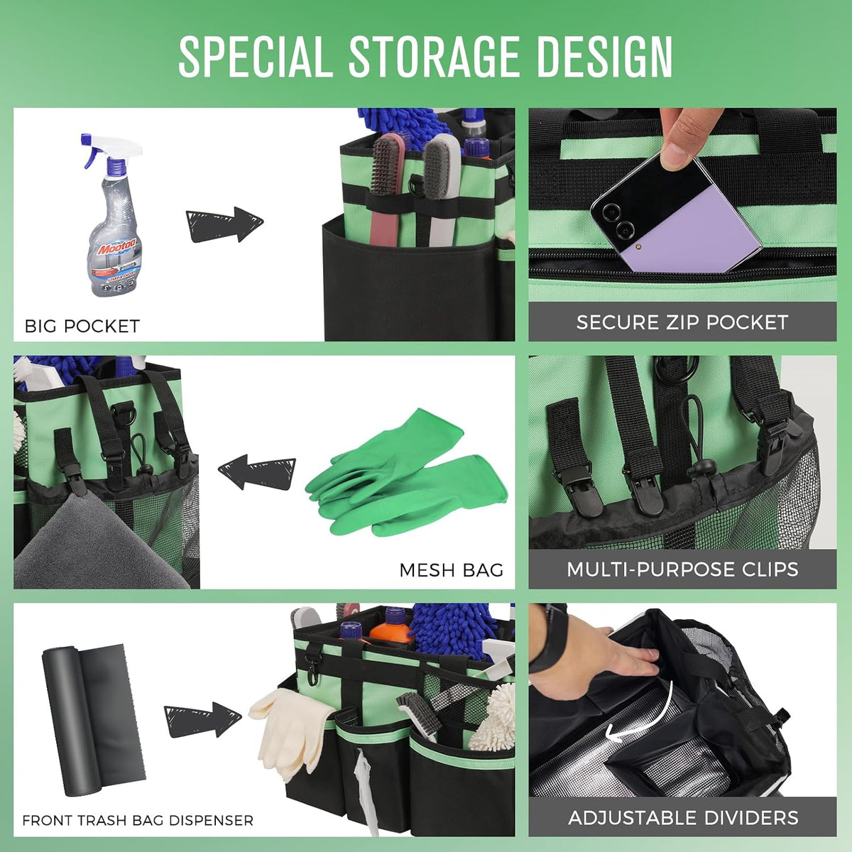 SCAVATA Wearable Cleaning Caddy Organizer with Handle & Shoulder Straps for Housekeepers, Under Sink & Car Cleaning Tool Organizer Bag with 4 Foldable Dividers (Green)