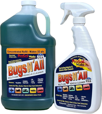 Bugs N’ All Multipurpose Car Cleaner & Degreaser - Bug & Tar Remover Concentrate 4 oz - Exterior Cleaner Safe for Car Paint, Metal, Chrome, Aluminum, Windows & Mirrors - w/Free 32 oz Spray Bottle