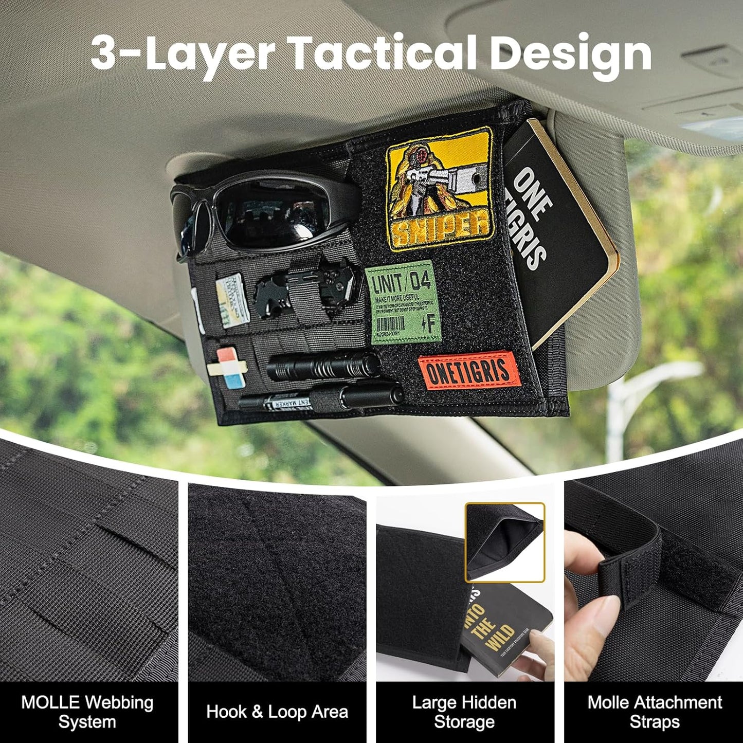 ONETIGRIS Molle Visor Panel Organizer, Tactical Car Sun Visor Organizer Molle Patch Panel Vehicle Visor Storage Holder Pouch, Molle Webbing with Hook-and-Loop Straps for Cars, Trucks, Suvs etc.