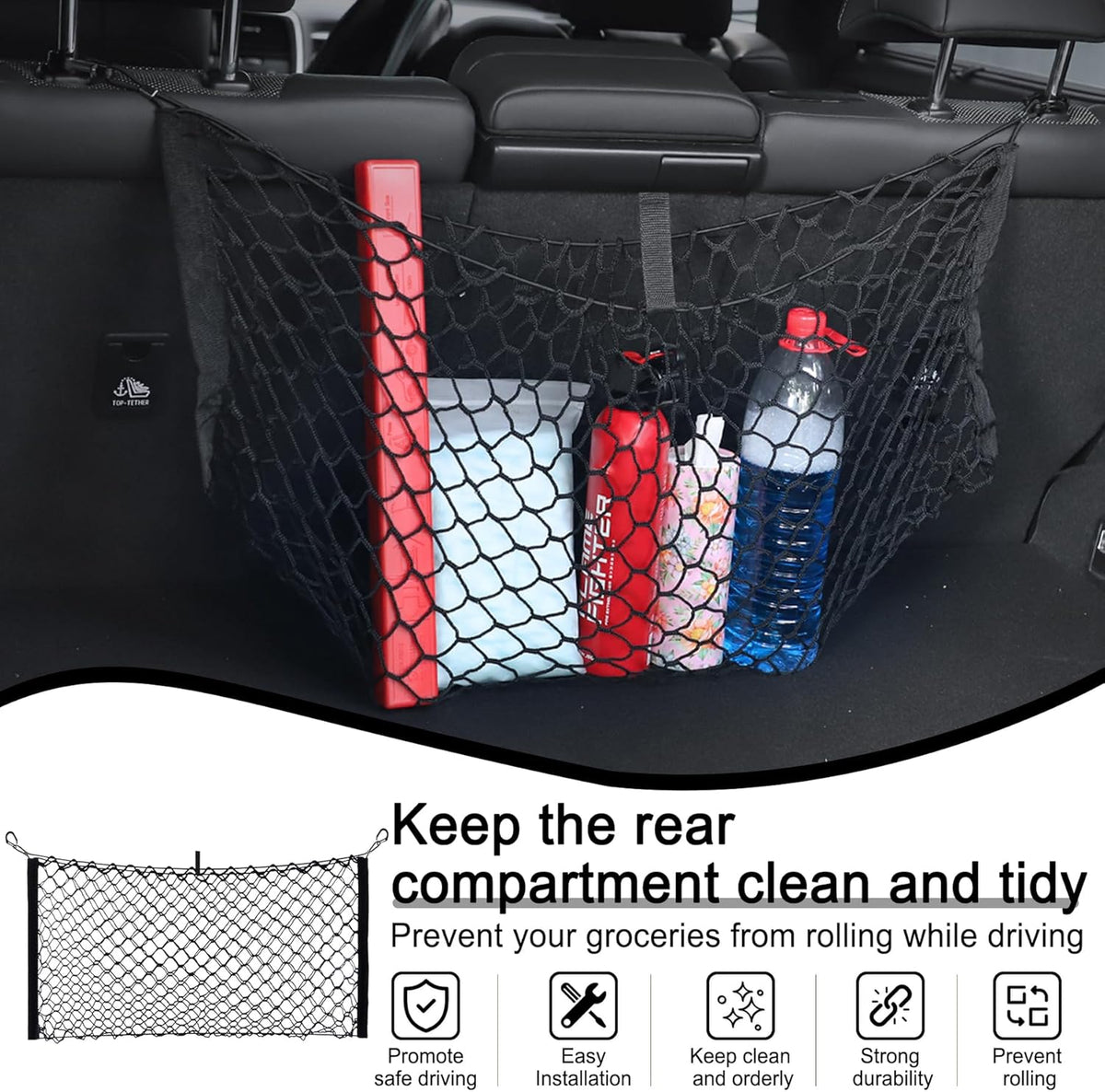 Amiss Cargo Net Stretchable, Car Exterior Accessories, Adjustable Elastic Trunk Storage Net with Hook for SUVs, Cars and Trucks (35.4x15.8 Inch)