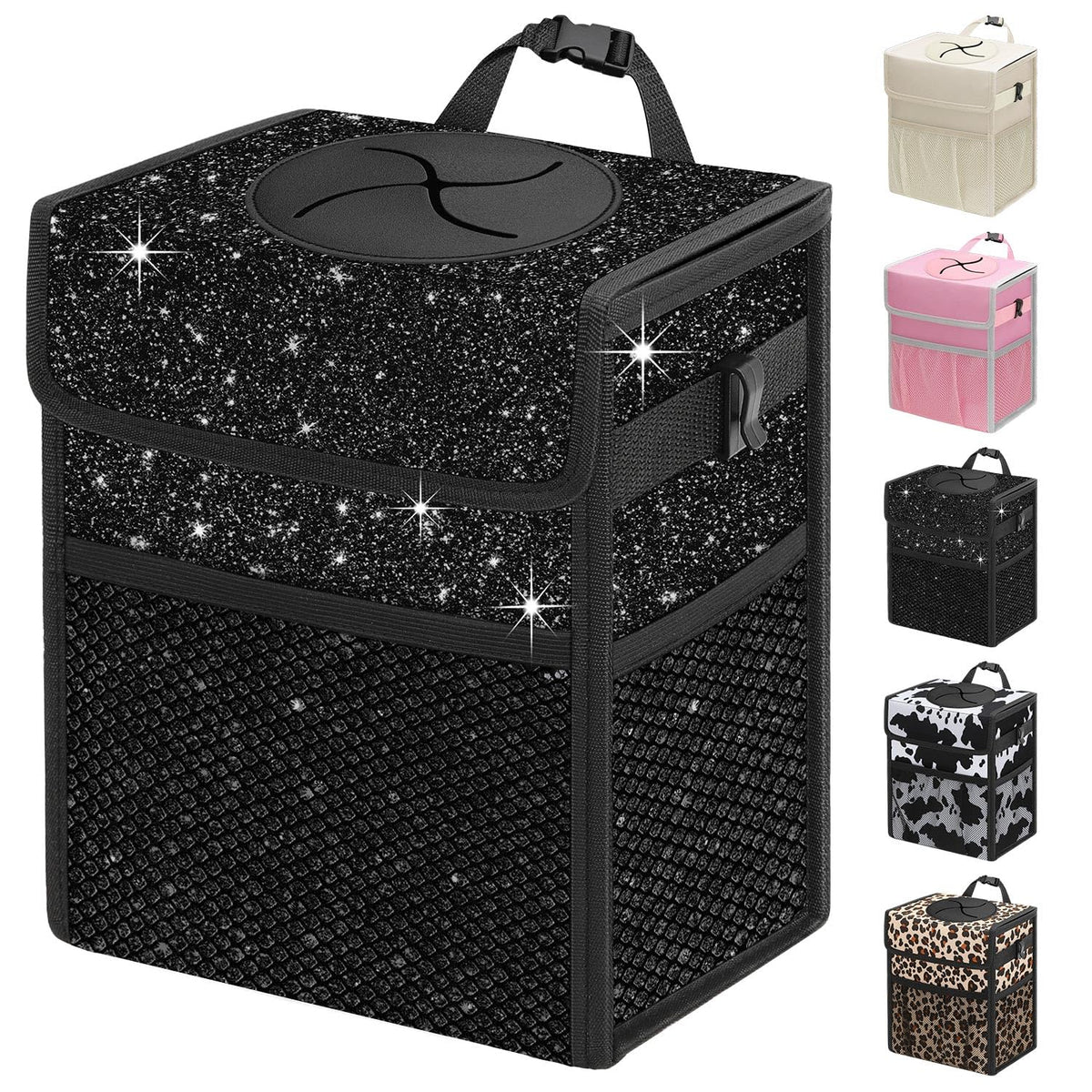 Capolo Car Trash Can with Lid, Leakproof Car Trash Bag Hanging Waterproof Automotive Garbage Can with Storage Pockets Mini Vehicle Trash Bin for Back/Front Seat(Black,2.5 Gallon)