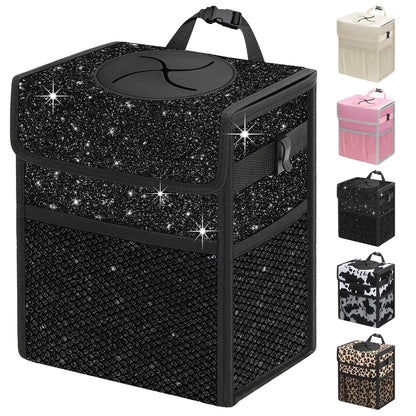 Capolo Car Trash Can with Lid, Leakproof Car Trash Bag Hanging Waterproof Automotive Garbage Can with Storage Pockets Mini Vehicle Trash Bin for Back/Front Seat(Black,2.5 Gallon)