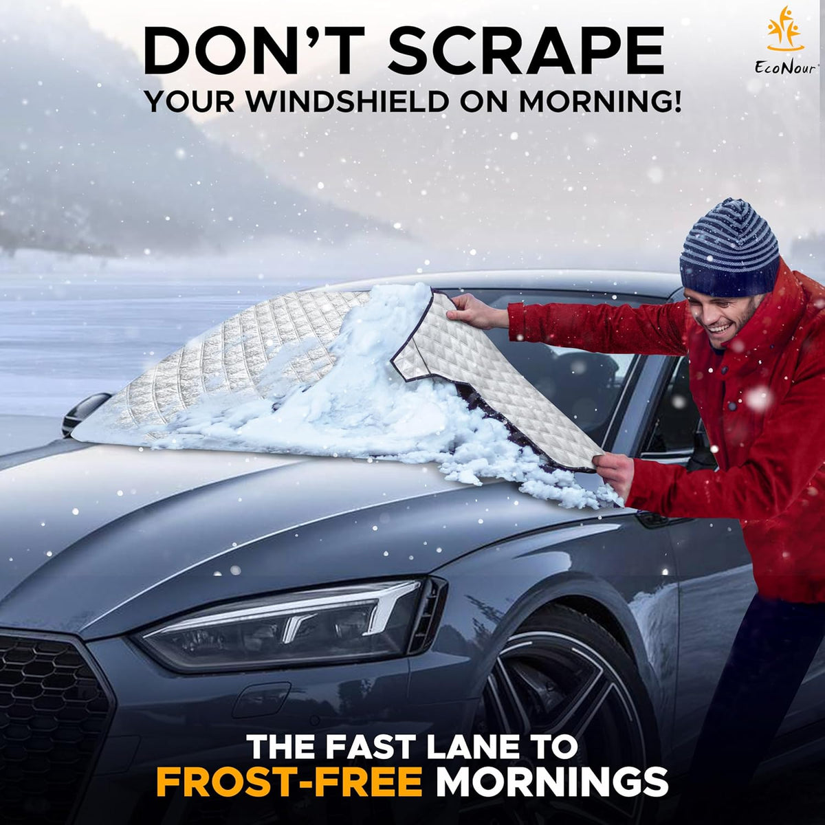 EcoNour Windshield Cover for Ice and Snow - Universal Fit for Car, SUV, Truck, Heavy Duty 600D Oxford Fabric Frost Protector for Ice & Sleet, Includes Anti-Theft Straps, Medium (69"x42")