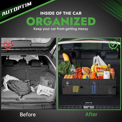 AUTOPTIM Car Trunk Organizer - Collapsible Car Organizer with Non Slip Bottom & Multiple Pockets for Groceries, Trunk Storage with Base Panel for SUV Sedan Van, 2 Compartments (Black, Small)