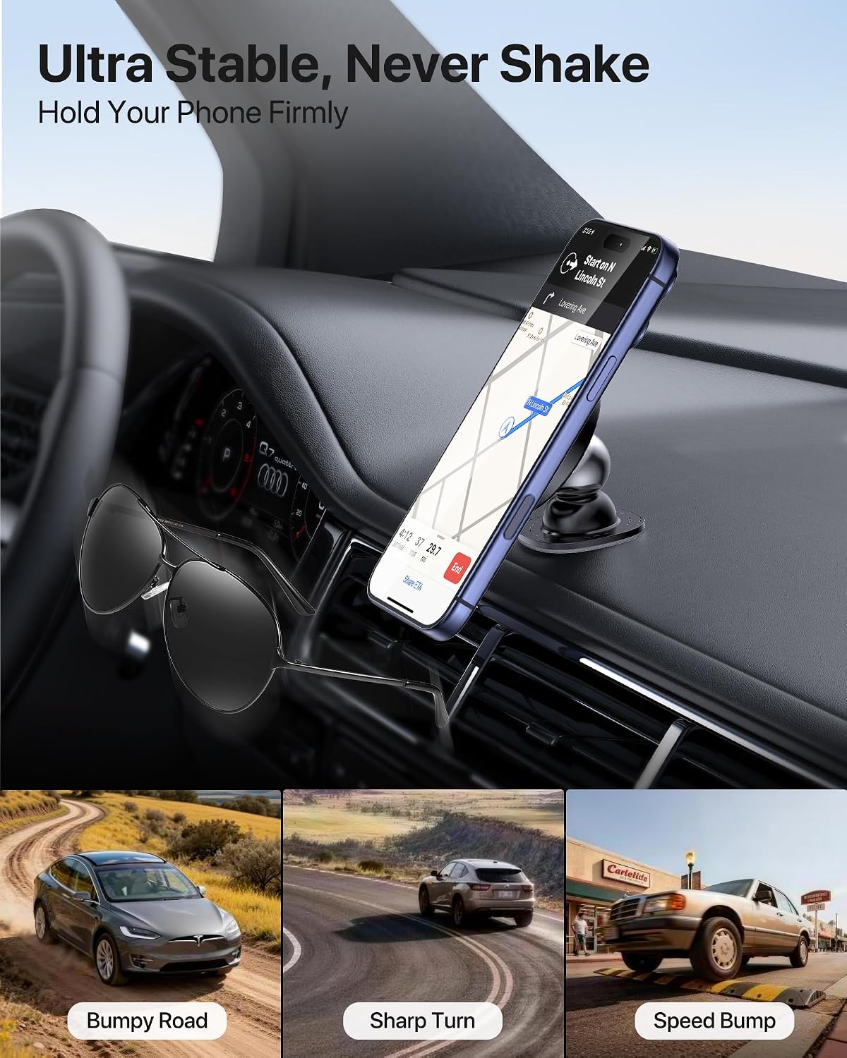 Miracase Phone Holders for Your Car with Metal Hook Clip, Air Vent Cell Phone Stand Car Mount, Universal Automobile Cradle for Garmin GPS Fit iPhone Android and All Smartphones, Dark Black