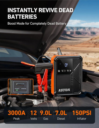 AstroAI S8 Air Jump Starter with Air Compressor, 3000A Peak Car Battery Jump Starter Portable (9.0 Gas/6.5L Diesel) with 150PSI Cordless Auto-Shutoff Tire Inflator, 12V Battery Charger Booster(Orange)
