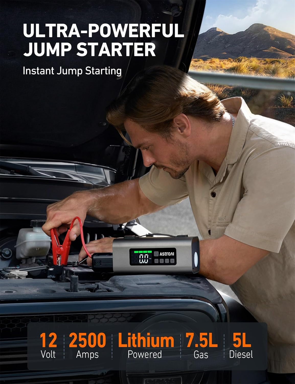 AstroAI S8 Air Jump Starter with Air Compressor, 3000A Peak Car Battery Jump Starter Portable (9.0 Gas/6.5L Diesel) with 150PSI Cordless Auto-Shutoff Tire Inflator, 12V Battery Charger Booster(Orange)