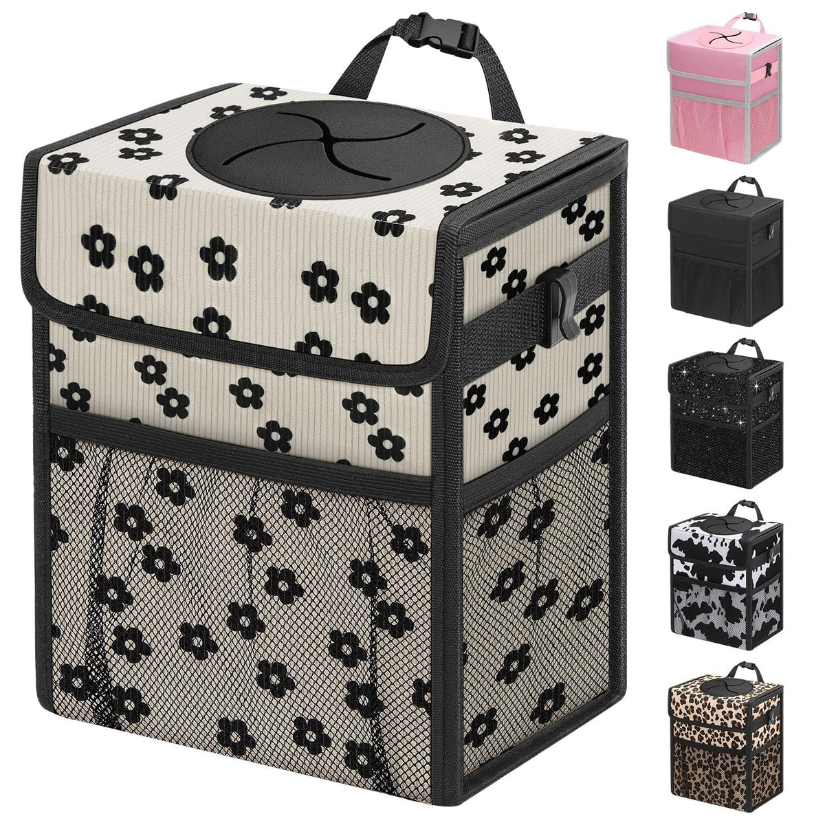 Capolo Car Trash Can with Lid, Leakproof Car Trash Bag Hanging Waterproof Automotive Garbage Can with Storage Pockets Mini Vehicle Trash Bin for Back/Front Seat(Black,2.5 Gallon)