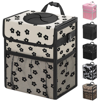 Capolo Car Trash Can with Lid, Leakproof Car Trash Bag Hanging Waterproof Automotive Garbage Can with Storage Pockets Mini Vehicle Trash Bin for Back/Front Seat(Black,2.5 Gallon)