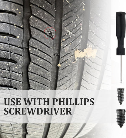 Salior 100PCS Tire Plug Kit with Screwdriver,Rubber Flat Tire Repair Kit for Fast Repair of Tire Punctures,Durable Car Tire Repair Kit Self-Service Repair Nails for Car Motorcycle Truck