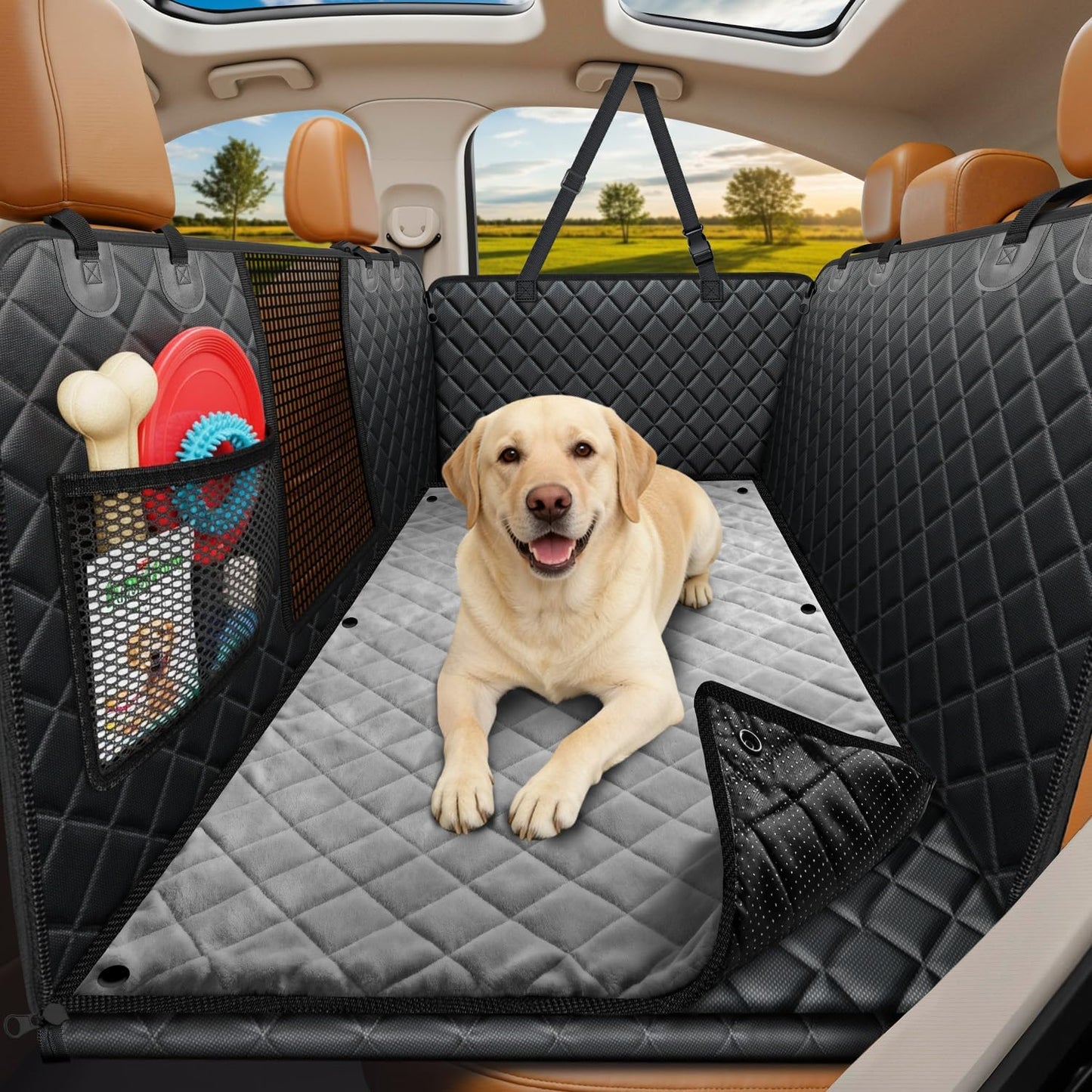 URPOWER Backseat Extender for Dogs - Hard Bottom Dog Car Seat Cover for Back Seat, Dog Hammock for Car and SUV, Pet Rear Seat Protector Dogs Travel Bed with Mesh Window