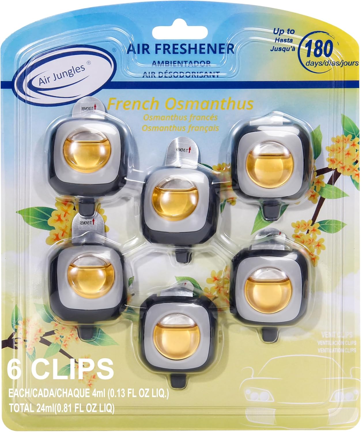 Air Jungles New Car Scent Car Air Freshener Vent Clip, 6 Count Long Lasting Up to 180 days, Natural Essential Oil Car Fragrance Accessories for Women and Men, Odor Eliminator - 4ml Each