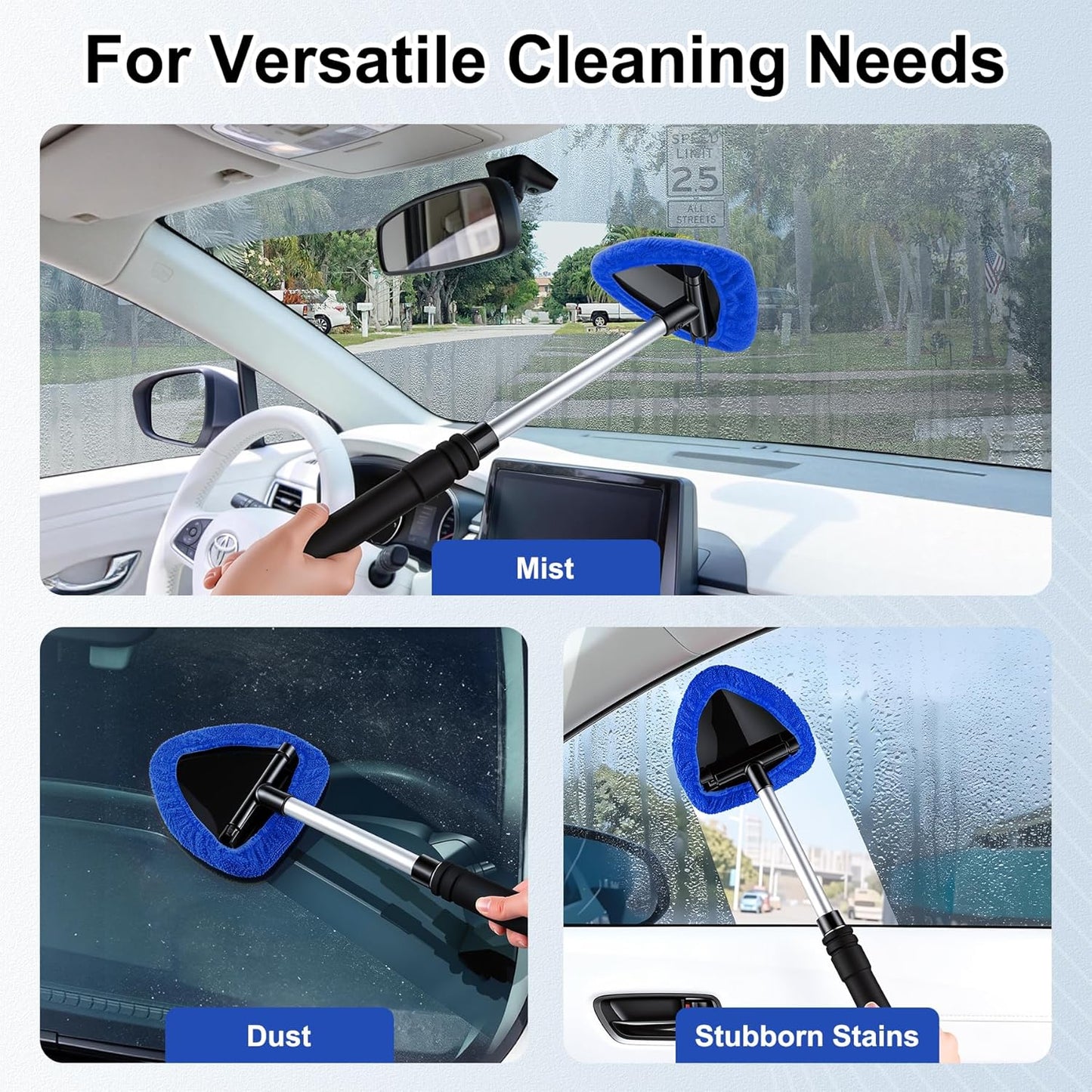 JUSTTOP Windshield Cleaner Tool, Car Interior and Exterior Window Cleaning Kit with Extendable Handle & 4 Reusable Microfiber Pads, Auto Glass Wiper Brush Kit for Car & Home Windows (Green)