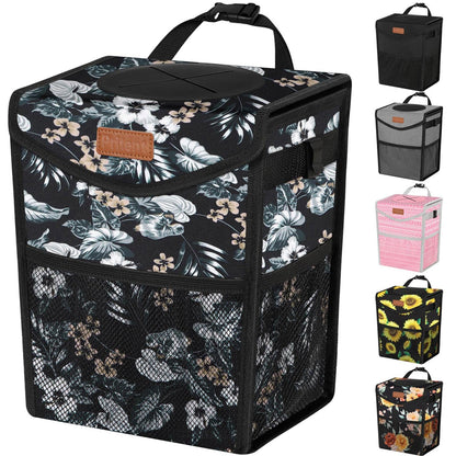 Pritent Car Trash Can with Lid, Cute Leakproof Car Trash Garbage Bag Hanging Vehicle Trash Bin Small Portable Automotive Garbage Cans Organizer for Back/Front Seat/Console(Trapezoid,Black)