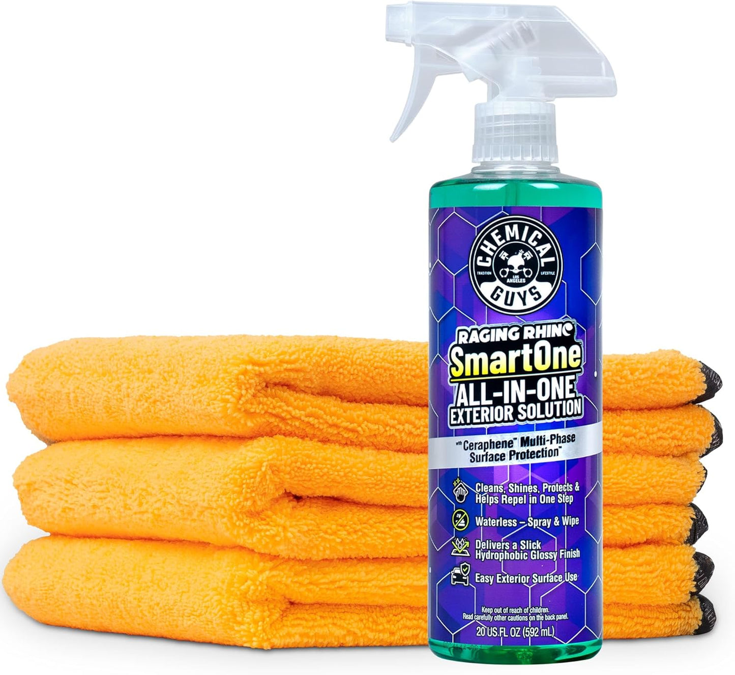 Chemical Guys Raging Rhino Waterless Car Wash And Quick Detailer Spray, No Rinse Exterior Cleaner For Paint, Glass, Wheels, Plastic, And Chrome, Spray And Wipe Shine, 20 Fl Oz