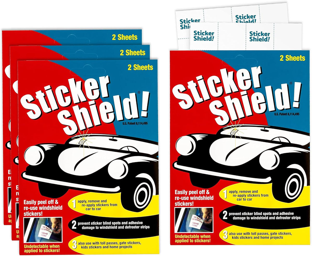 STICKER SHIELD - Windshield Sticker Applicator for Easy Application, Removal and Re-Application from Car to Car - 4 inch x 6 inch Sheets (Pack of 2 Sheets)