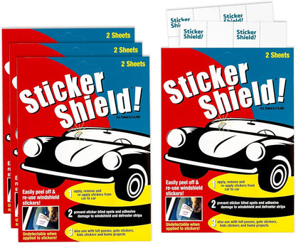 STICKER SHIELD - Windshield Sticker Applicator for Easy Application, Removal and Re-Application from Car to Car - 4 inch x 6 inch Sheets (Pack of 2 Sheets)