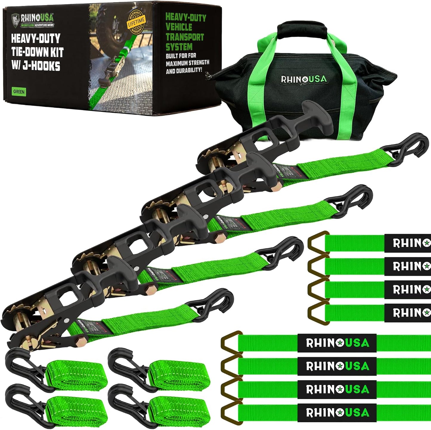 Rhino USA Car Tie Down Straps for Trailers with J Hooks (4-Pack) – 2" x8' (10,000lb Break Strength) – Heavy Duty Car Hauler Tire Straps with Axle Straps for UTV, Powersports & More – Black
