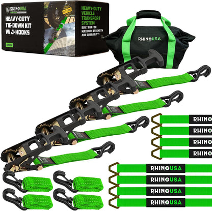 Rhino USA Car Tie Down Straps for Trailers with J Hooks (4-Pack) – 2" x8' (10,000lb Break Strength) – Heavy Duty Car Hauler Tire Straps with Axle Straps for UTV, Powersports & More – Black