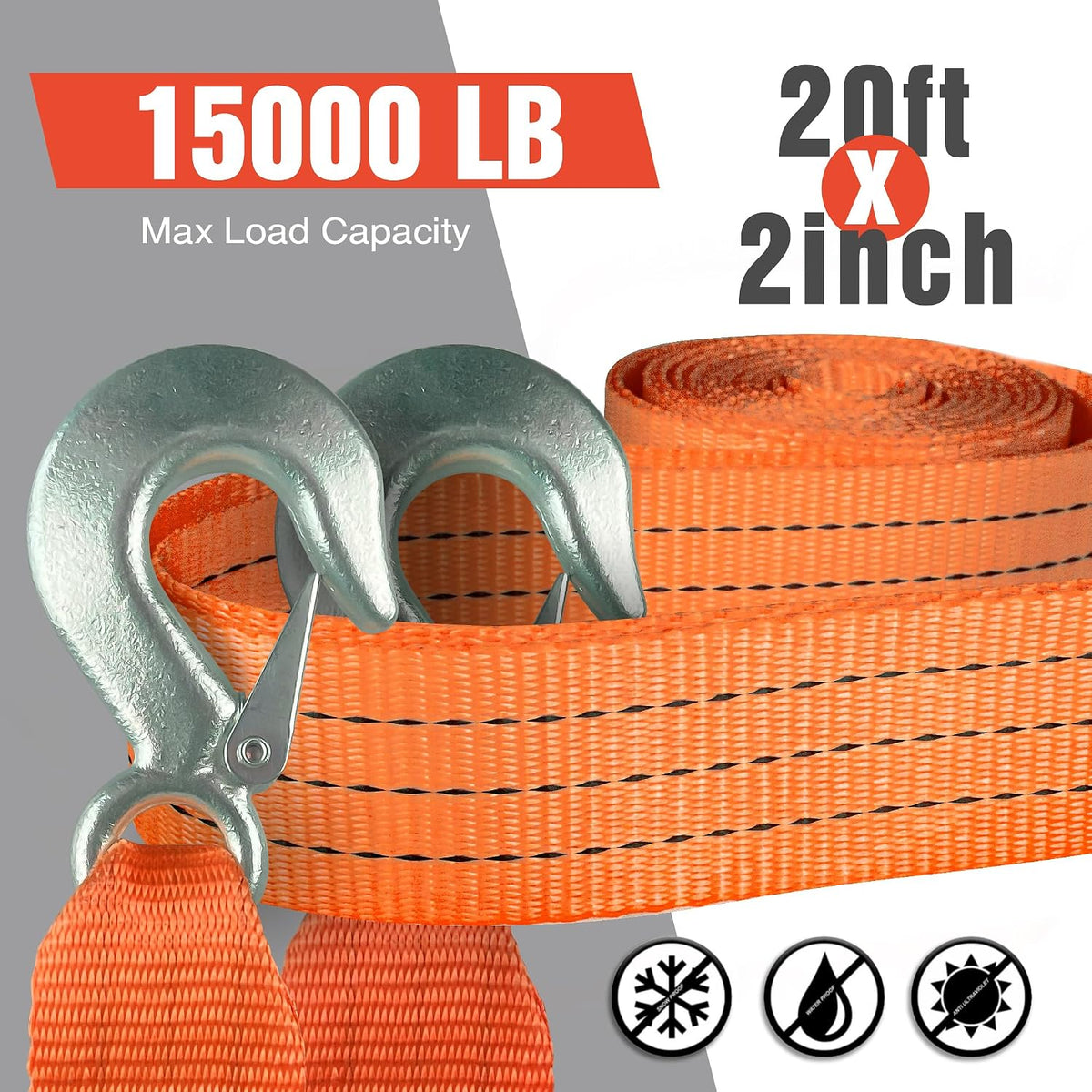 Tow Strap with Hooks 2”x20’ 15,000 LBS, Tow Rope Metal Safety Hooks, Car Heavy Duty Recovery Rope for Trailers, Securing Items, and Farm Cleaning