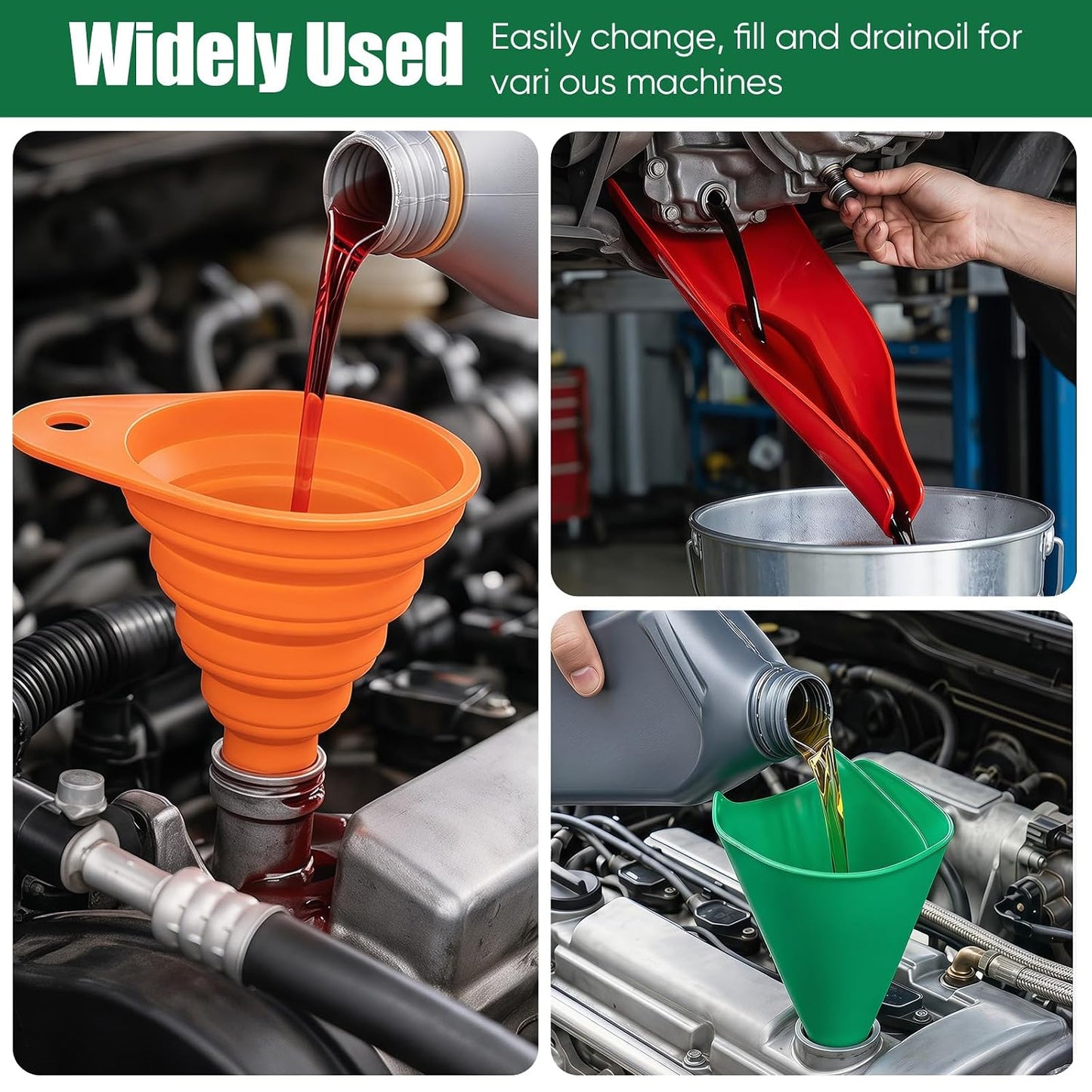 Flexible Oil Drain Funnel Set, 3PCS Reusable Silicone Foldable Oil Funnel for Spill-Free Oil Change, Moldable Draining Tool for Car Truck Motorcycle Garage Use